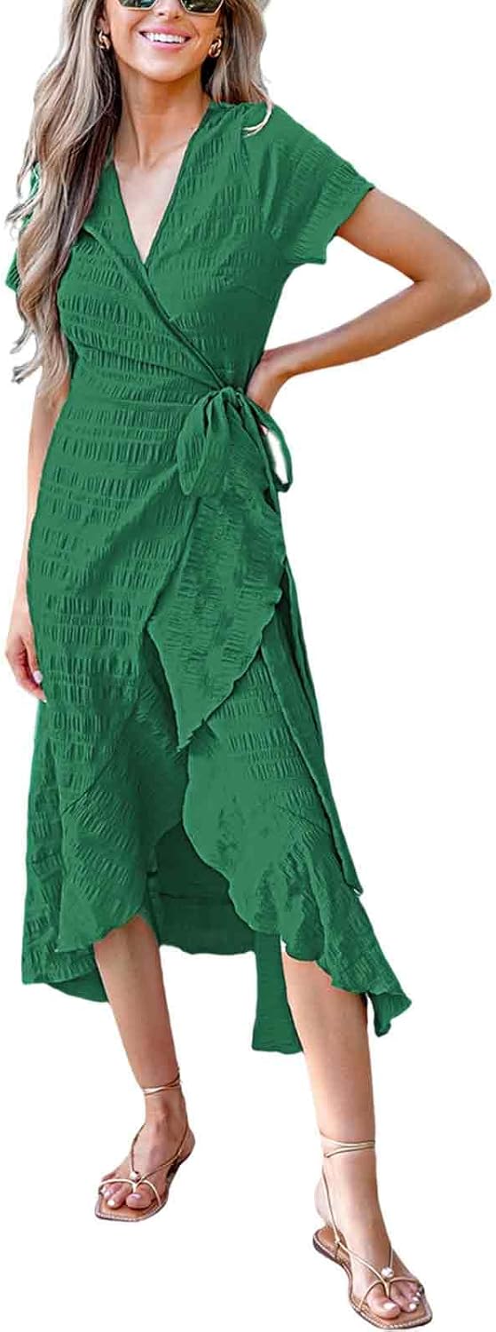 CUPSHE Women Summer Wrap Maxi Dress Casual Split Flared Sleeve V-Neck Ditsy Dress Tie Waist Ruffle Beach Dress Britstyle Boutique