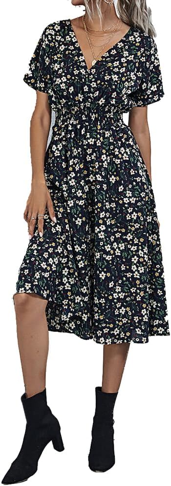 Women's V Wrap Dress Short Sleeve V Neck Wrap Summer Dress Midi Casual Floral Sundress A Line Dress Beach Dress for Women Girls Britstyle Boutique