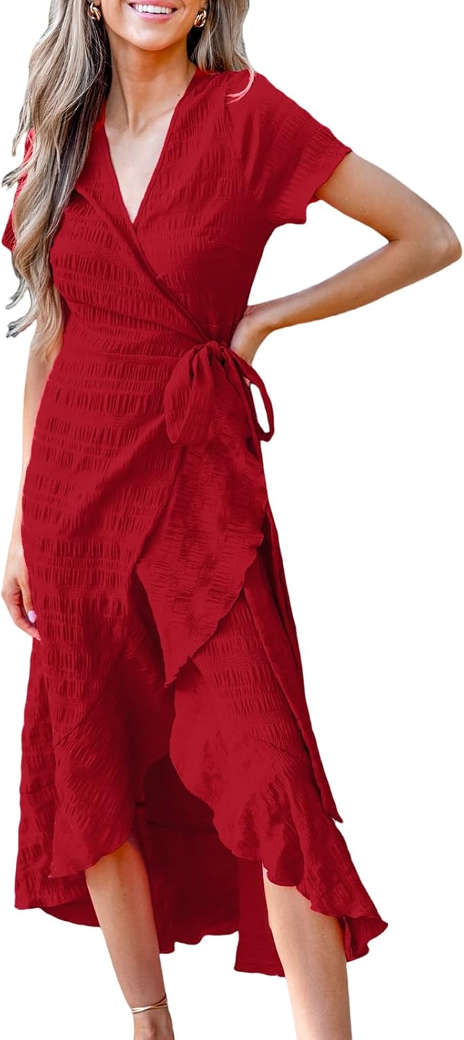 CUPSHE Women Summer Wrap Maxi Dress Casual Split Flared Sleeve V-Neck Ditsy Dress Tie Waist Ruffle Beach Dress Britstyle Boutique