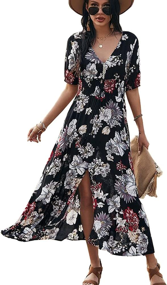 Women's Summer Short Sleeve V-Neck Floral Casual Maxi Long Dress Beach Boho Style Britstyle Boutique