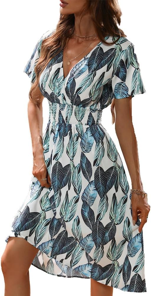 Women's V Wrap Dress Short Sleeve V Neck Wrap Summer Dress Midi Casual Floral Sundress A Line Dress Beach Dress for Women Girls Britstyle Boutique