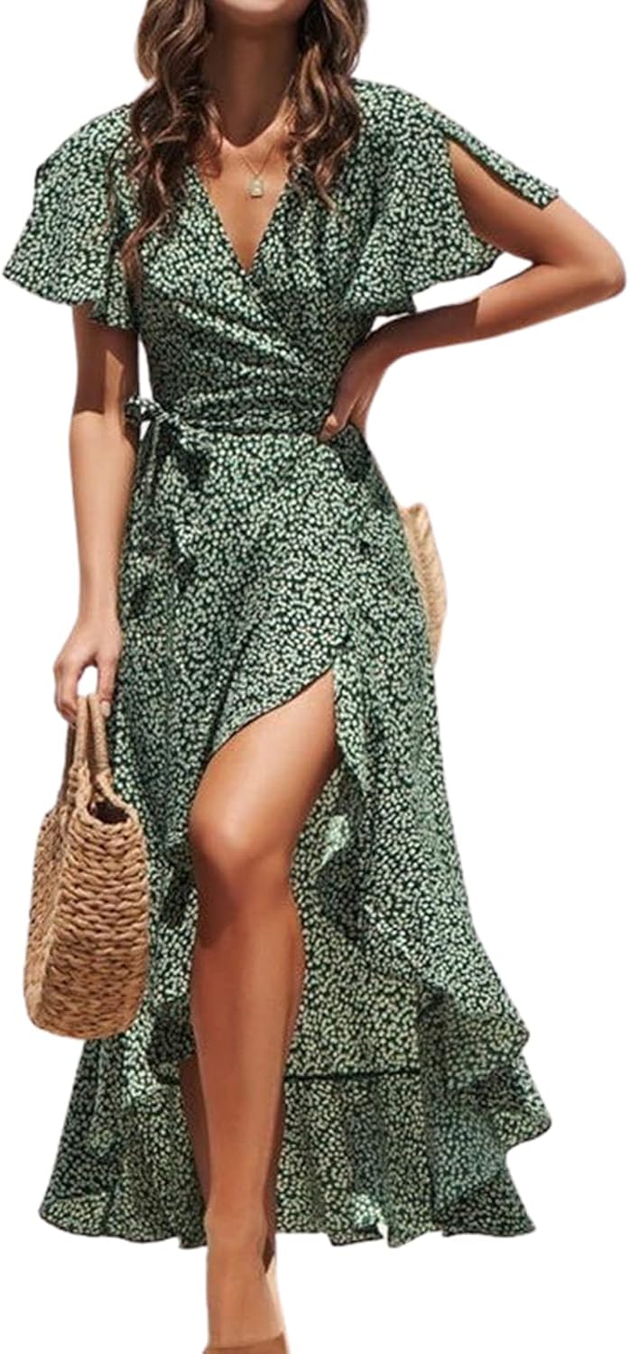 CUPSHE Women Summer Wrap Maxi Dress Casual Split Flared Sleeve V-Neck Ditsy Dress Tie Waist Ruffle Beach Dress Britstyle Boutique