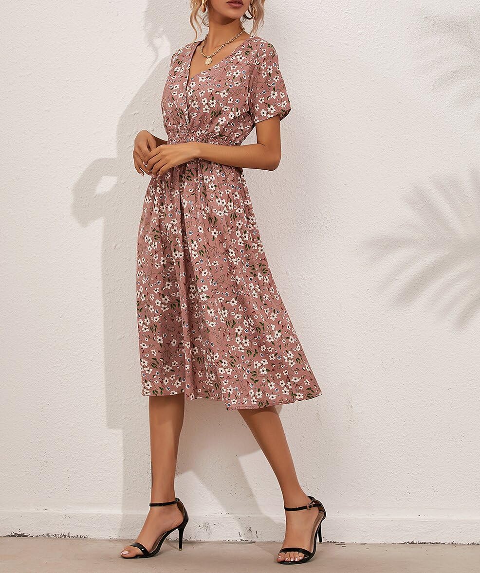 Women's V Wrap Dress Short Sleeve V Neck Wrap Summer Dress Midi Casual Floral Sundress A Line Dress Beach Dress for Women Girls Britstyle Boutique