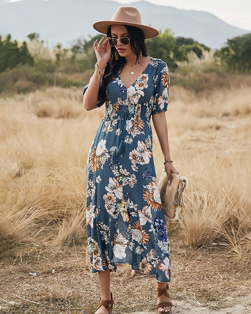 Women's Summer Short Sleeve V-Neck Floral Casual Maxi Long Dress Beach Boho Style Britstyle Boutique