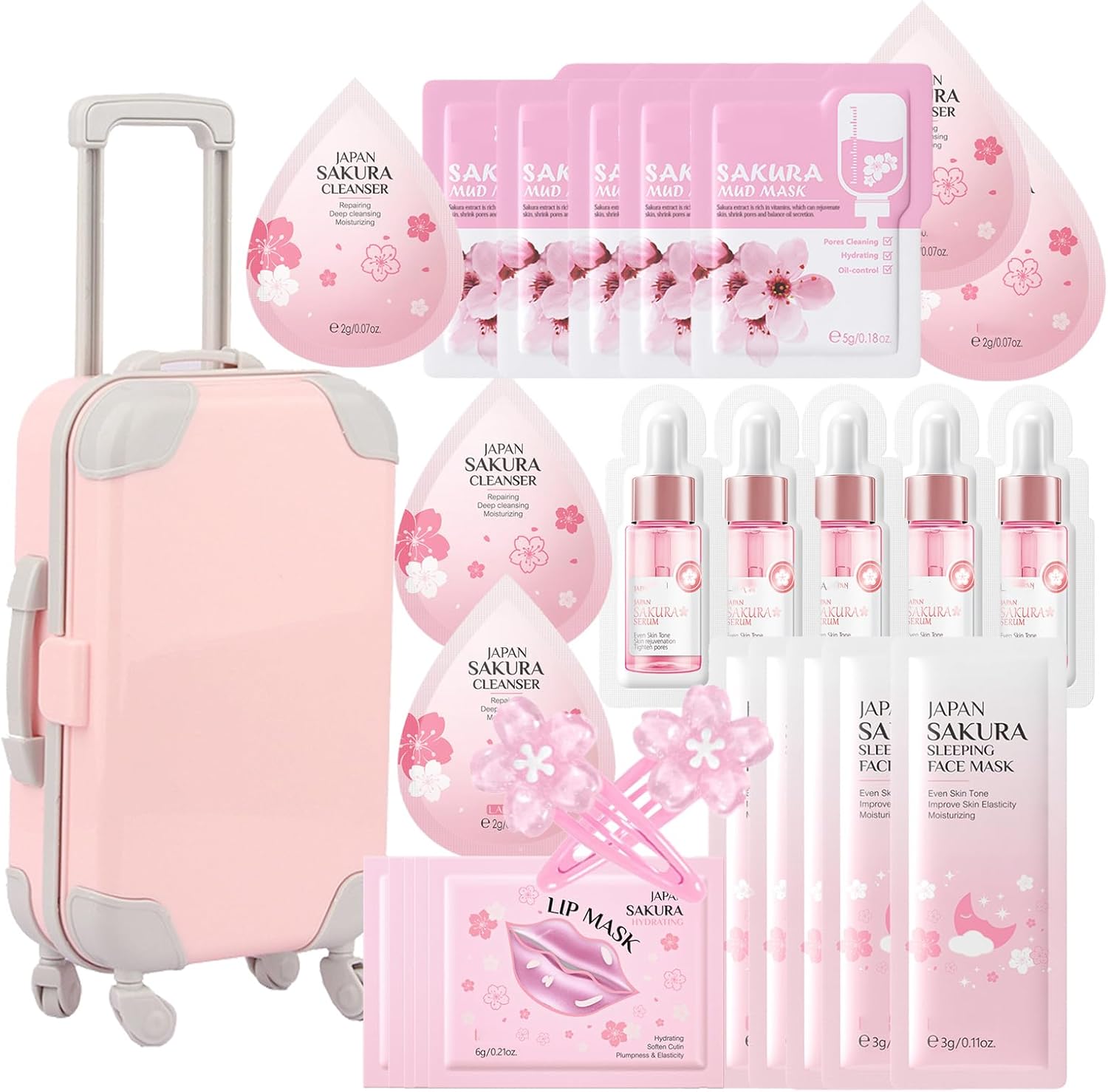 Skin Care Set For Teenagers Girls with Cute Mini Luggage,Sakura Skin Care Sets & Kits,Pamper Sets For Girls Gifts,Skincare Set,Serum,Cleanser,Sleep,Mud Mask,Lip Mask,Hair Pins (One Size, Sakura) Britstyle Boutique