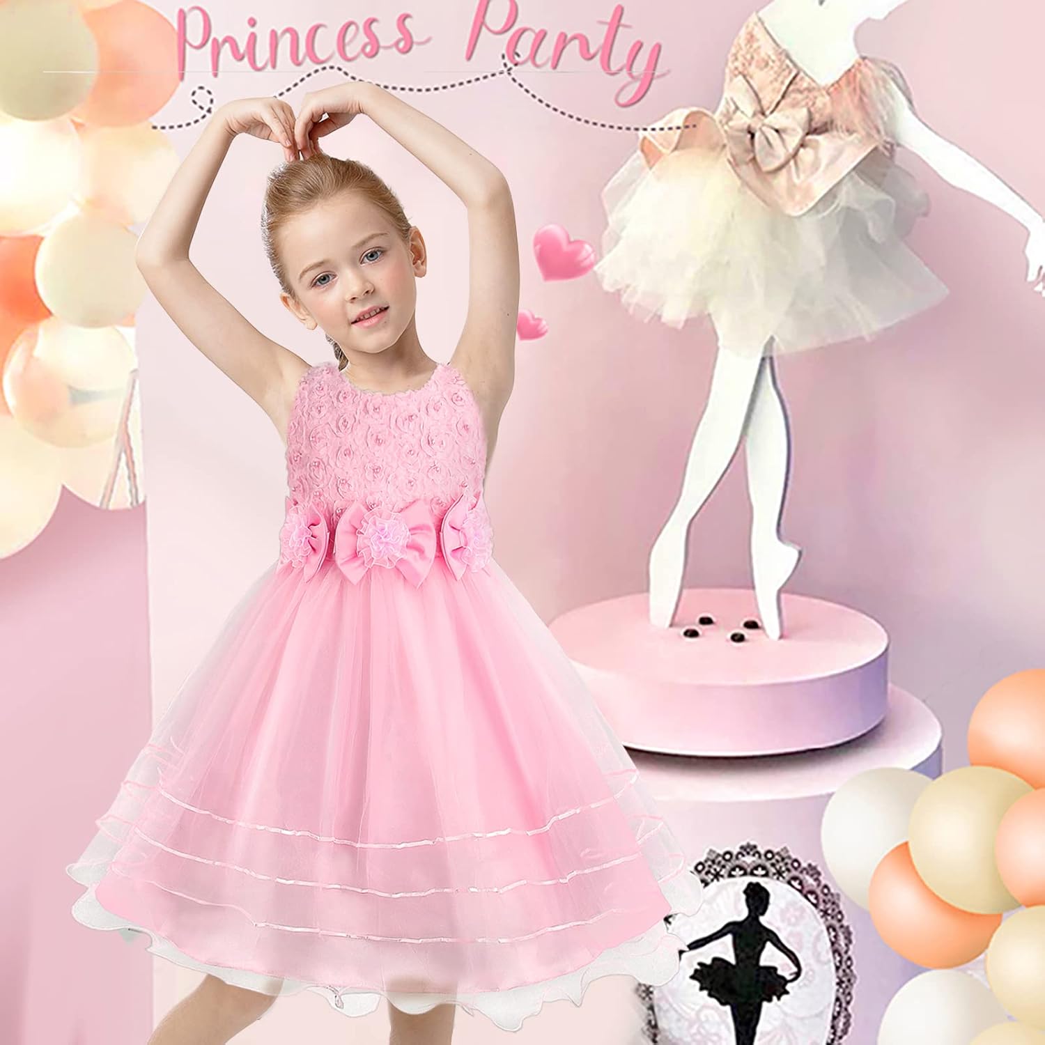 Prinzessin Kleid Rose Blume Fliege Partykleid Tüll Hochzeitskleid Brautjungfer Taufe Elegantes formelles Kleid für Mädchen Britstyle Boutique