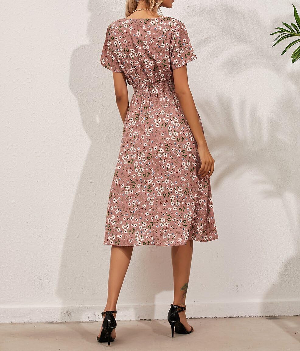 Women's V Wrap Dress Short Sleeve V Neck Wrap Summer Dress Midi Casual Floral Sundress A Line Dress Beach Dress for Women Girls Britstyle Boutique