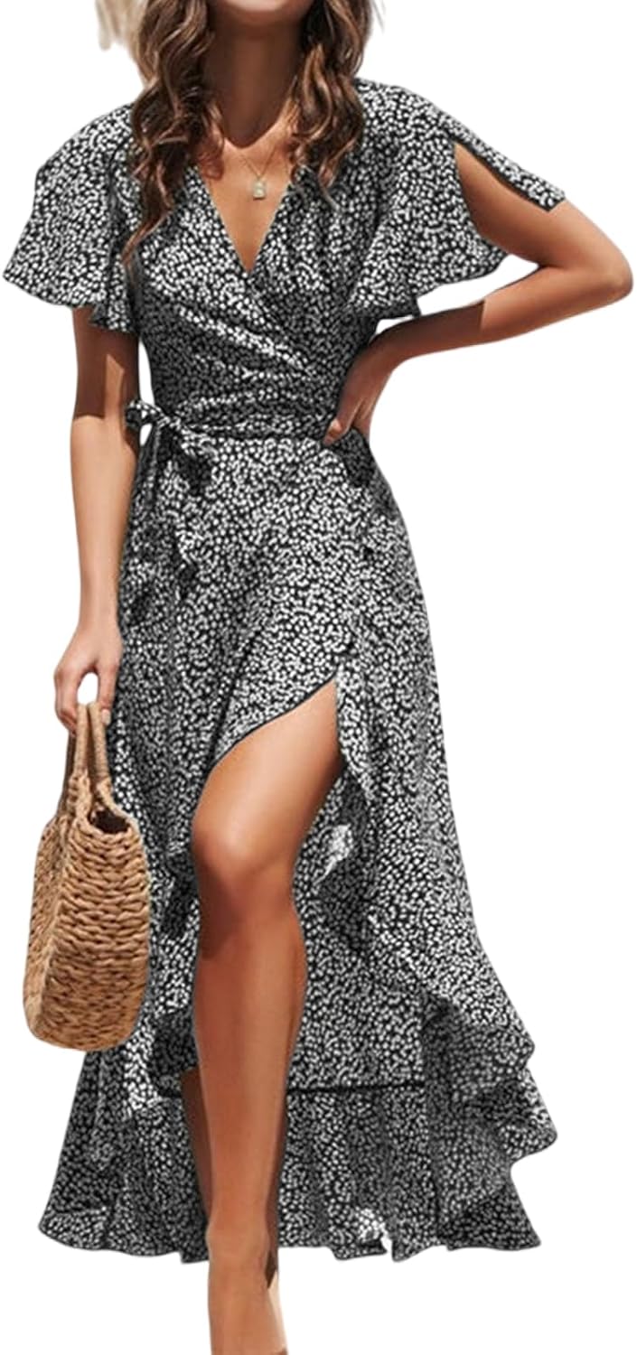 CUPSHE Women Summer Wrap Maxi Dress Casual Split Flared Sleeve V-Neck Ditsy Dress Tie Waist Ruffle Beach Dress Britstyle Boutique