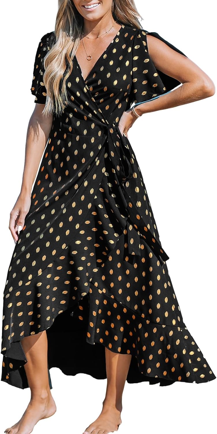 CUPSHE Women Summer Wrap Maxi Dress Casual Split Flared Sleeve V-Neck Ditsy Dress Tie Waist Ruffle Beach Dress Britstyle Boutique