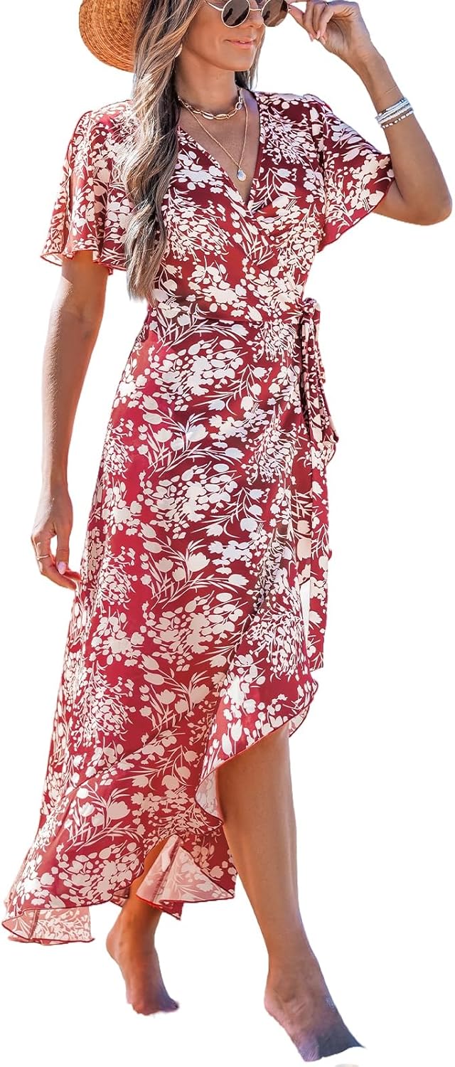 CUPSHE Women Summer Wrap Maxi Dress Casual Split Flared Sleeve V-Neck Ditsy Dress Tie Waist Ruffle Beach Dress Britstyle Boutique