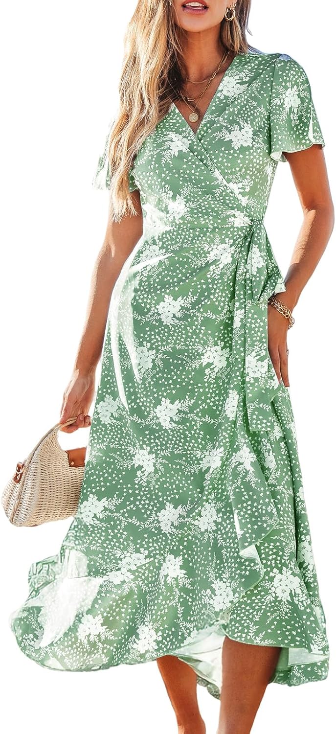 CUPSHE Women Summer Wrap Maxi Dress Casual Split Flared Sleeve V-Neck Ditsy Dress Tie Waist Ruffle Beach Dress Britstyle Boutique