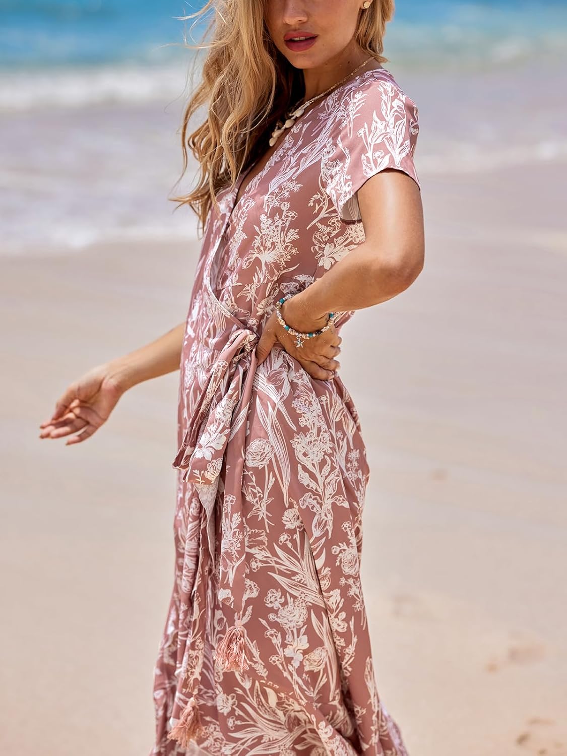 CUPSHE Women Summer Wrap Maxi Dress Casual Split Flared Sleeve V-Neck Ditsy Dress Tie Waist Ruffle Beach Dress Britstyle Boutique