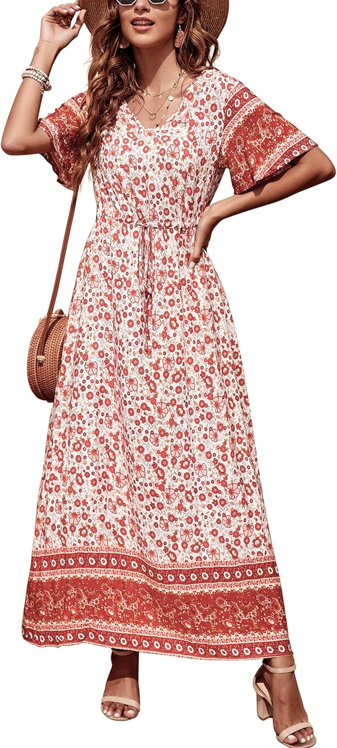 Womens Summer Maxi Boho Beach Dress Floral Print Dress V Neck Short Sleeve Drawstring High Waist Flowy Long Midi Dresses Britstyle Boutique