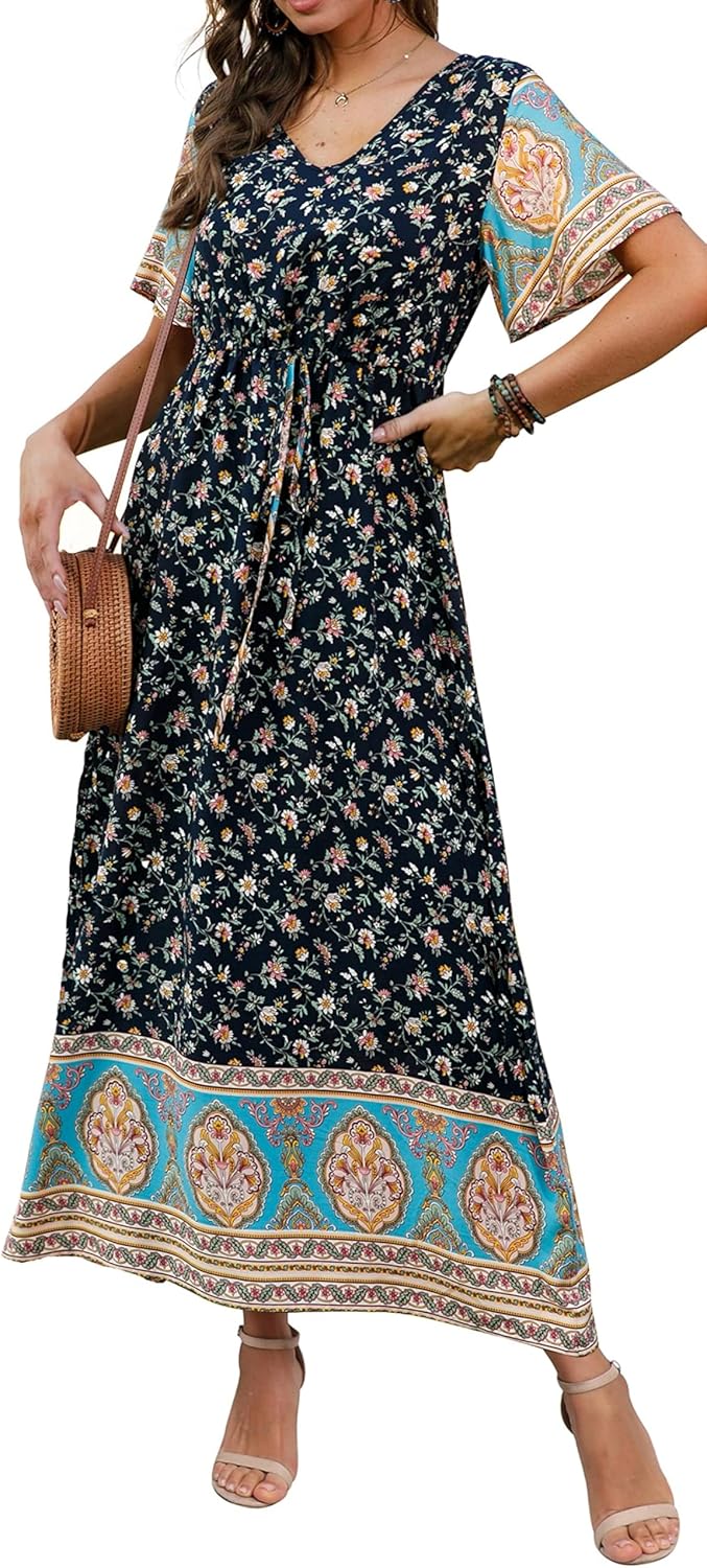 Womens Summer Maxi Boho Beach Dress Floral Print Dress V Neck Short Sleeve Drawstring High Waist Flowy Long Midi Dresses Britstyle Boutique
