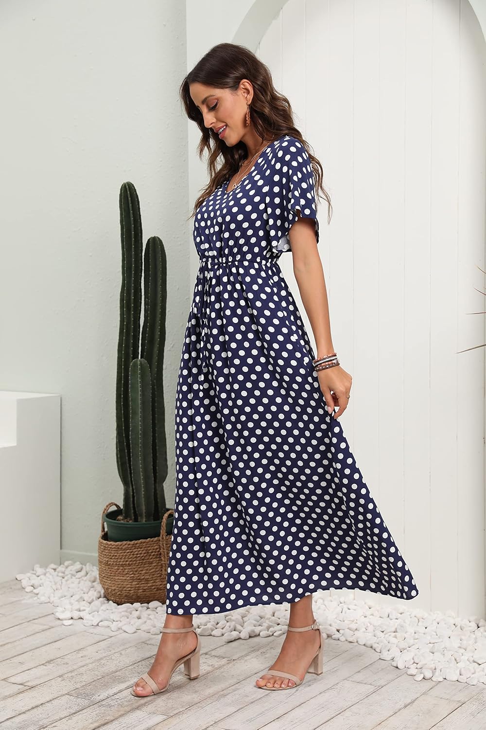 Womens Summer Maxi Boho Beach Dress Floral Print Dress V Neck Short Sleeve Drawstring High Waist Flowy Long Midi Dresses Britstyle Boutique