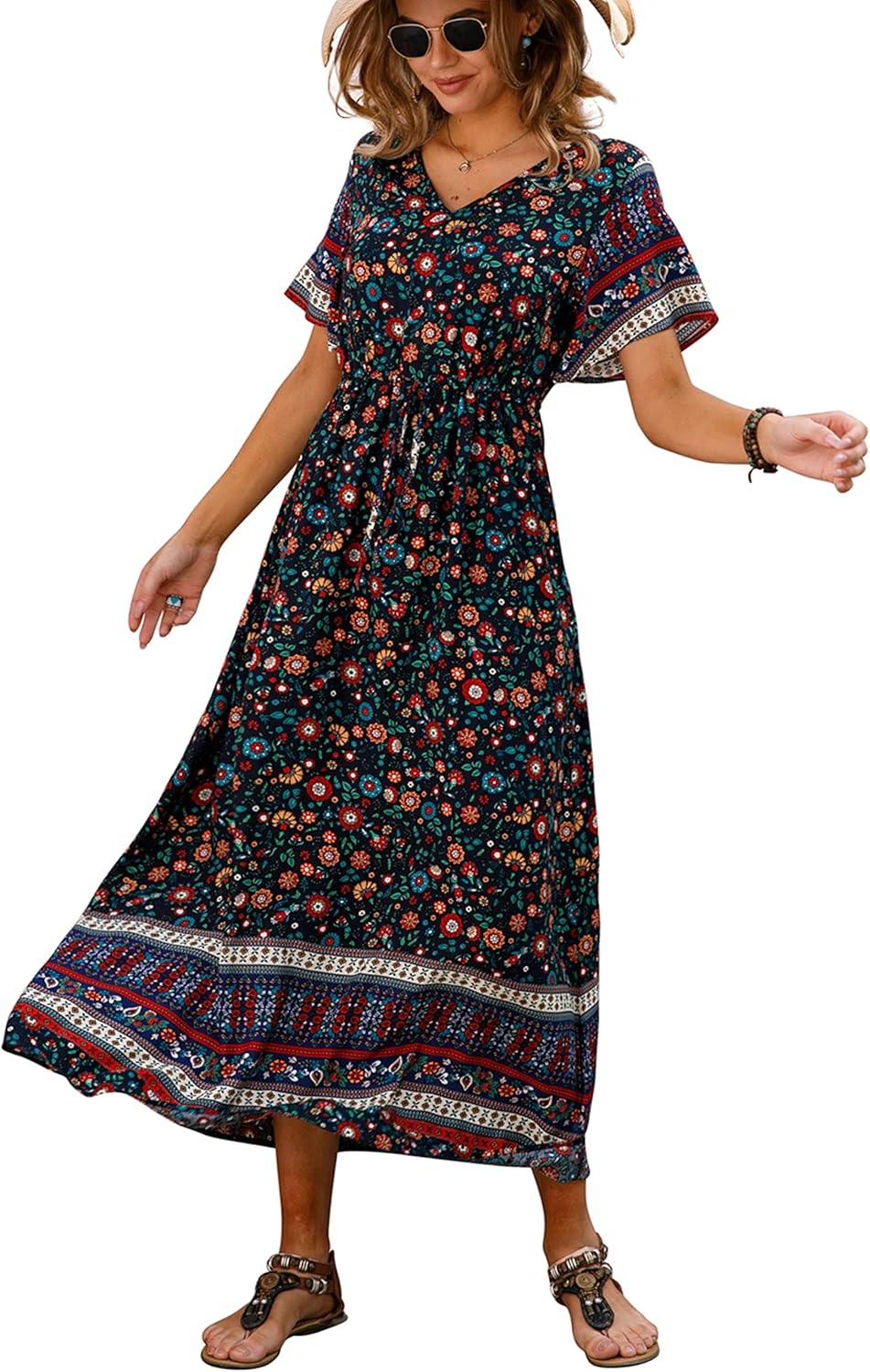 Womens Summer Maxi Boho Beach Dress Floral Print Dress V Neck Short Sleeve Drawstring High Waist Flowy Long Midi Dresses Britstyle Boutique