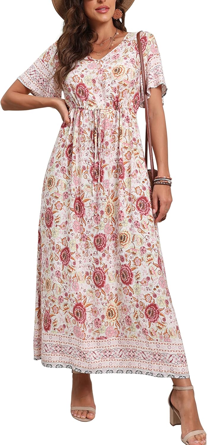 Womens Summer Maxi Boho Beach Dress Floral Print Dress V Neck Short Sleeve Drawstring High Waist Flowy Long Midi Dresses Britstyle Boutique