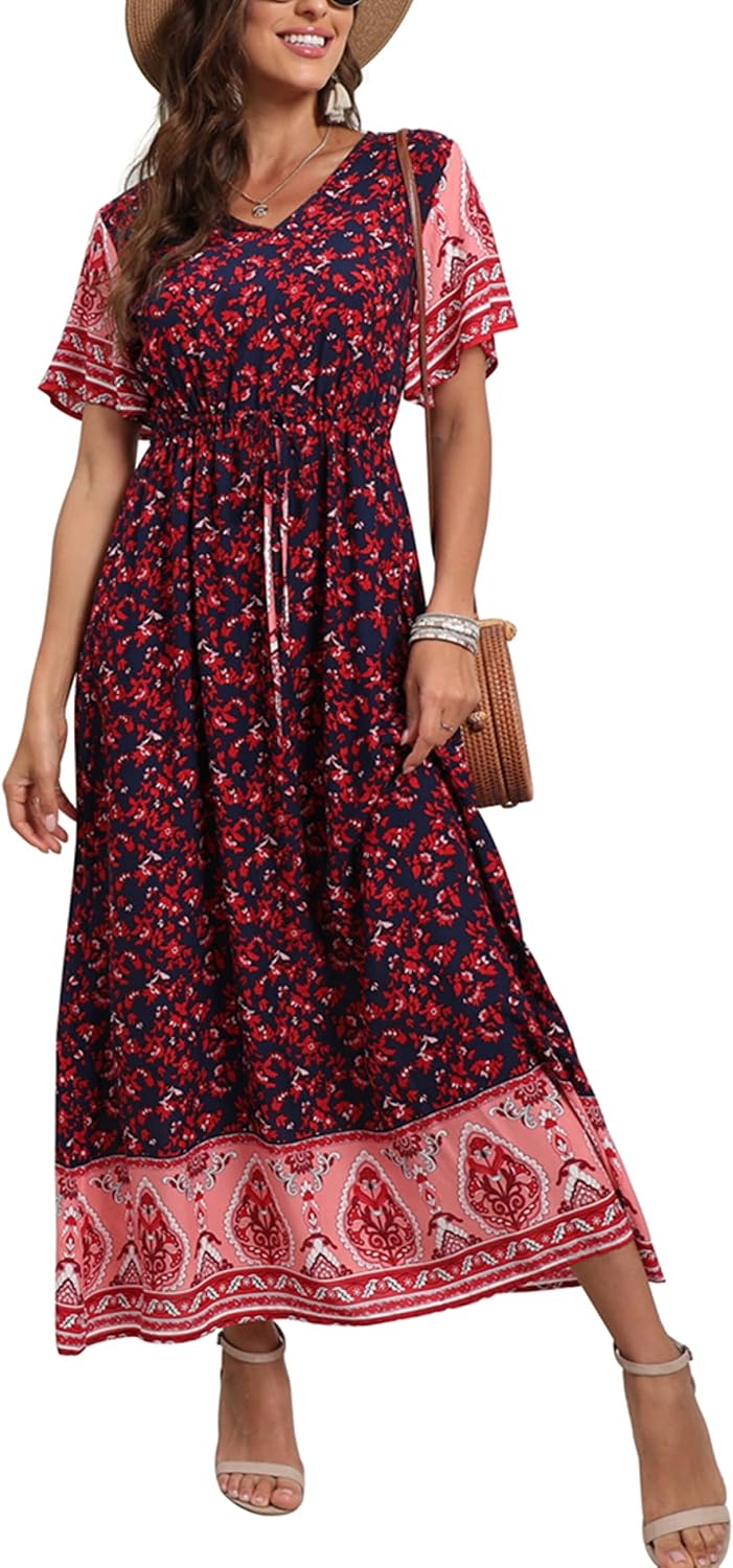 Womens Summer Maxi Boho Beach Dress Floral Print Dress V Neck Short Sleeve Drawstring High Waist Flowy Long Midi Dresses Britstyle Boutique