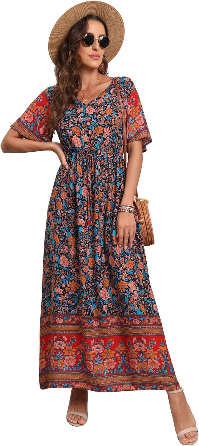 Womens Summer Maxi Boho Beach Dress Floral Print Dress V Neck Short Sleeve Drawstring High Waist Flowy Long Midi Dresses Britstyle Boutique