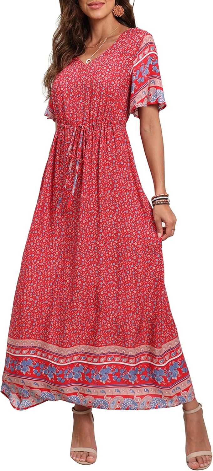 Womens Summer Maxi Boho Beach Dress Floral Print Dress V Neck Short Sleeve Drawstring High Waist Flowy Long Midi Dresses Britstyle Boutique