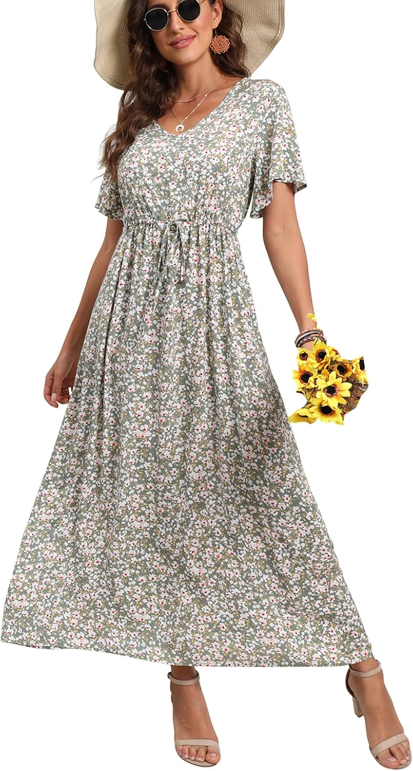 Womens Summer Maxi Boho Beach Dress Floral Print Dress V Neck Short Sleeve Drawstring High Waist Flowy Long Midi Dresses Britstyle Boutique