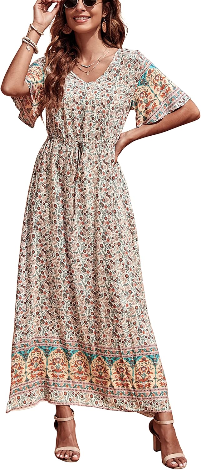 Womens Summer Maxi Boho Beach Dress Floral Print Dress V Neck Short Sleeve Drawstring High Waist Flowy Long Midi Dresses Britstyle Boutique