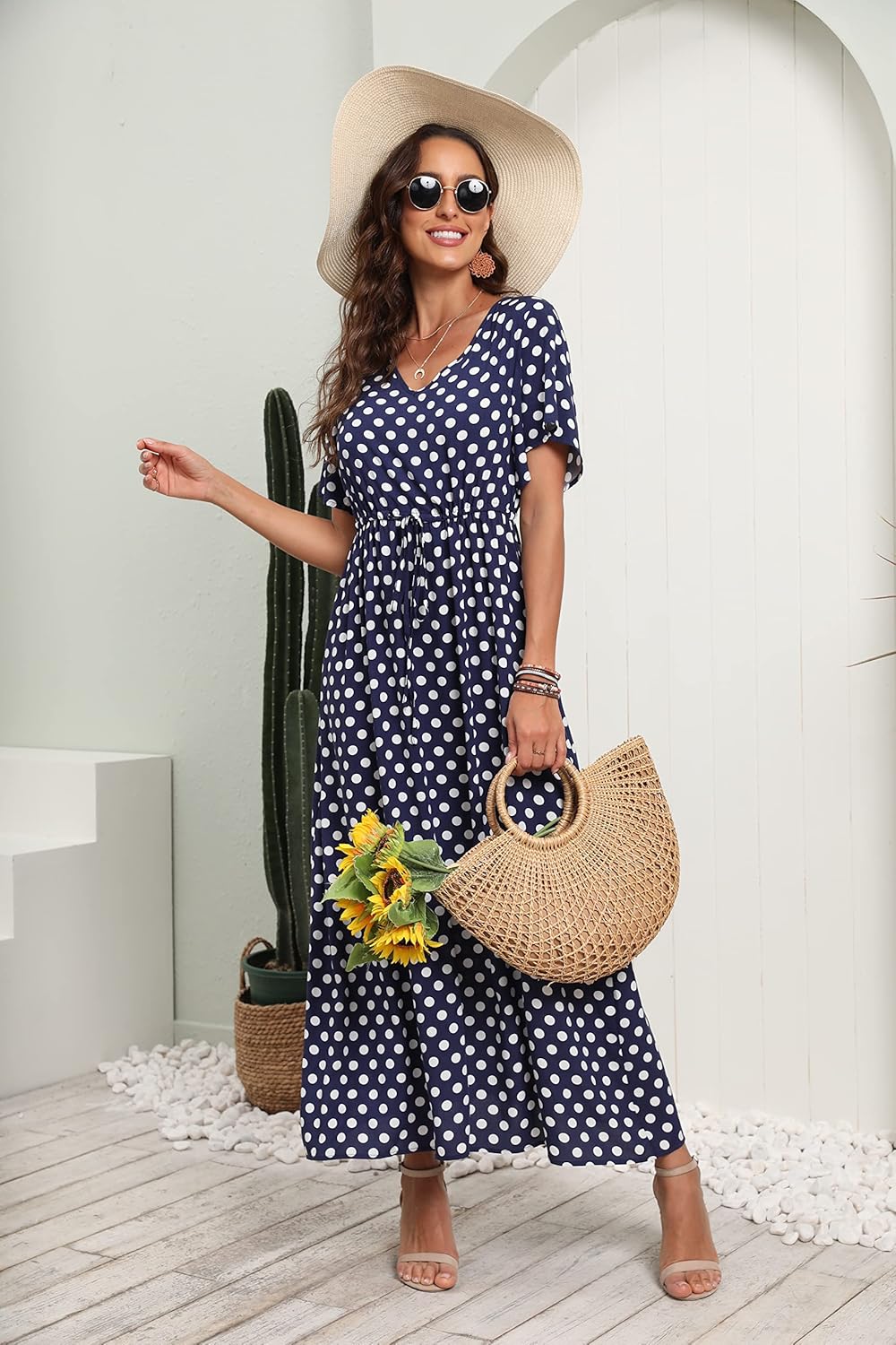 Womens Summer Maxi Boho Beach Dress Floral Print Dress V Neck Short Sleeve Drawstring High Waist Flowy Long Midi Dresses Britstyle Boutique