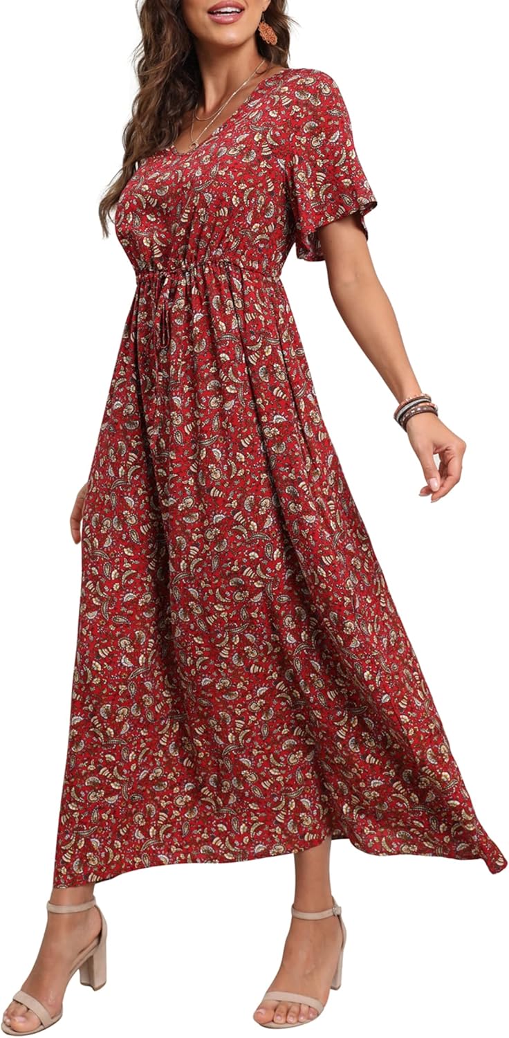 Womens Summer Maxi Boho Beach Dress Floral Print Dress V Neck Short Sleeve Drawstring High Waist Flowy Long Midi Dresses Britstyle Boutique