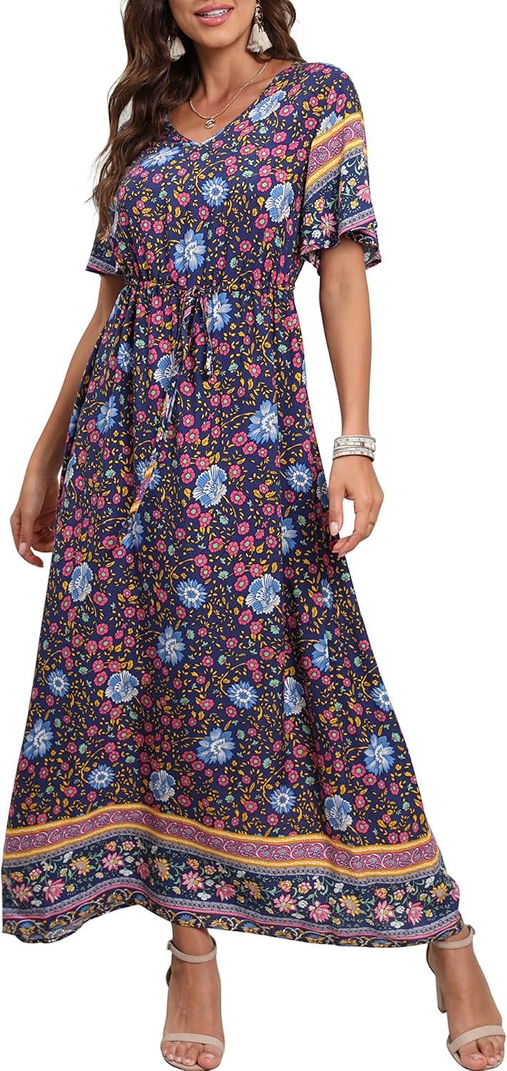 Womens Summer Maxi Boho Beach Dress Floral Print Dress V Neck Short Sleeve Drawstring High Waist Flowy Long Midi Dresses Britstyle Boutique