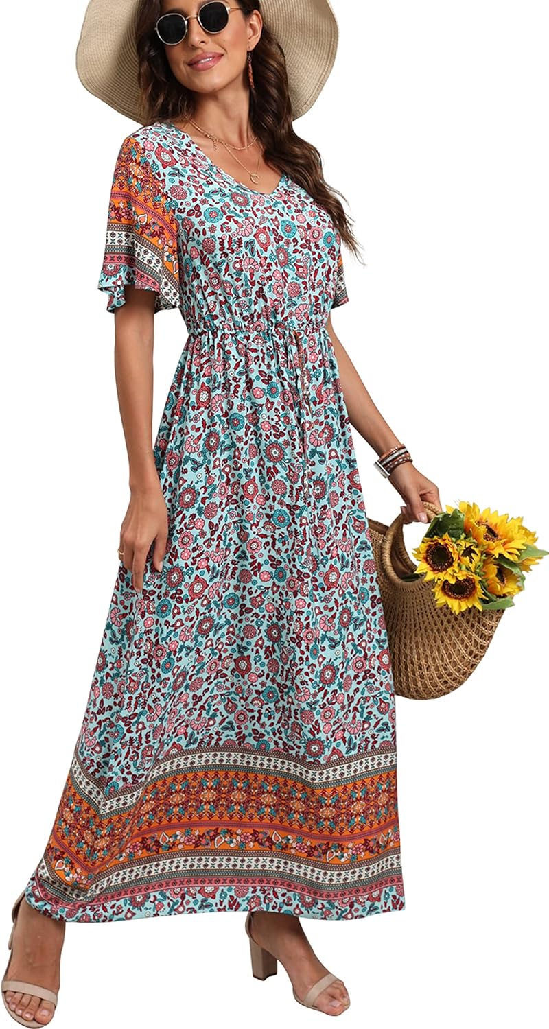Womens Summer Maxi Boho Beach Dress Floral Print Dress V Neck Short Sleeve Drawstring High Waist Flowy Long Midi Dresses Britstyle Boutique