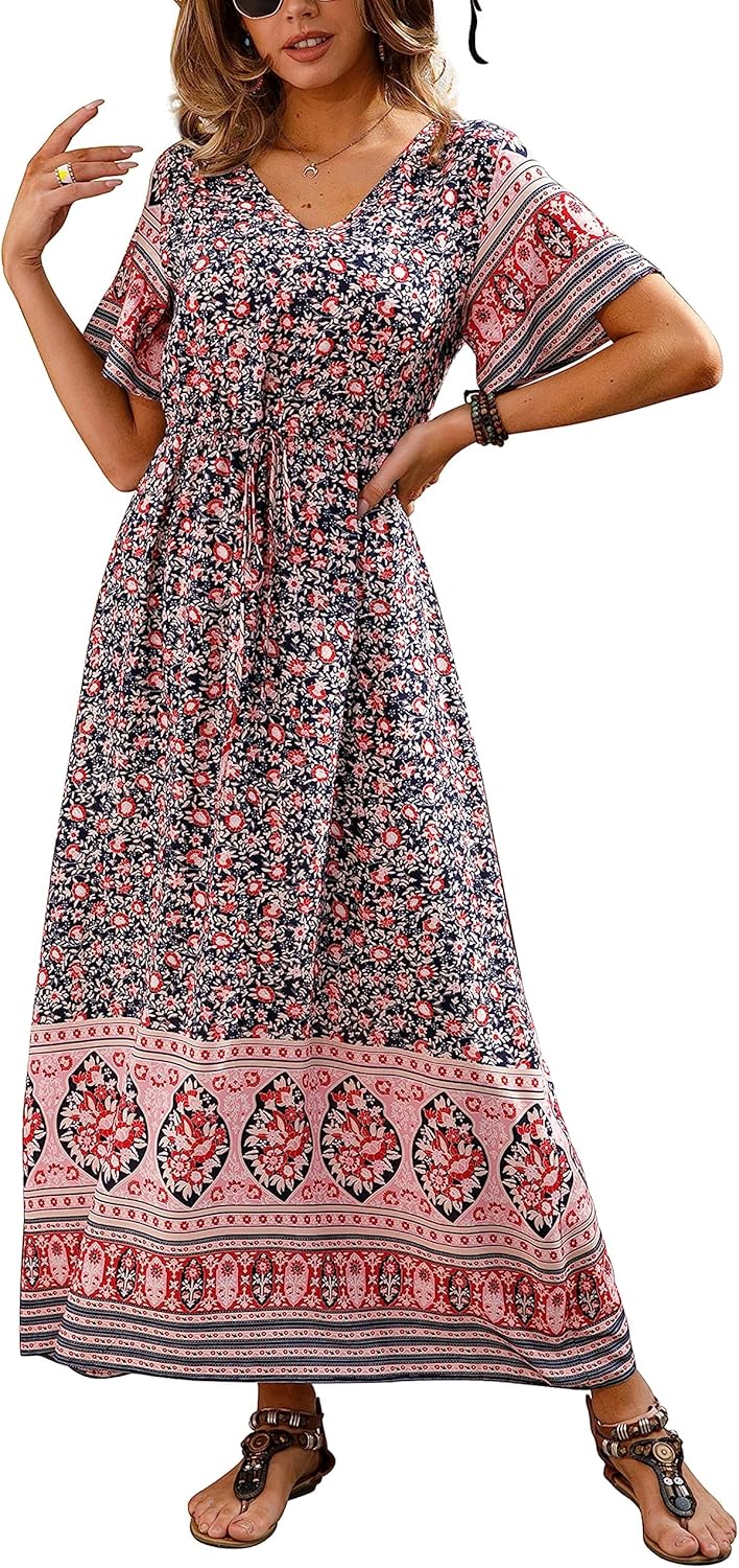 Womens Summer Maxi Boho Beach Dress Floral Print Dress V Neck Short Sleeve Drawstring High Waist Flowy Long Midi Dresses Britstyle Boutique