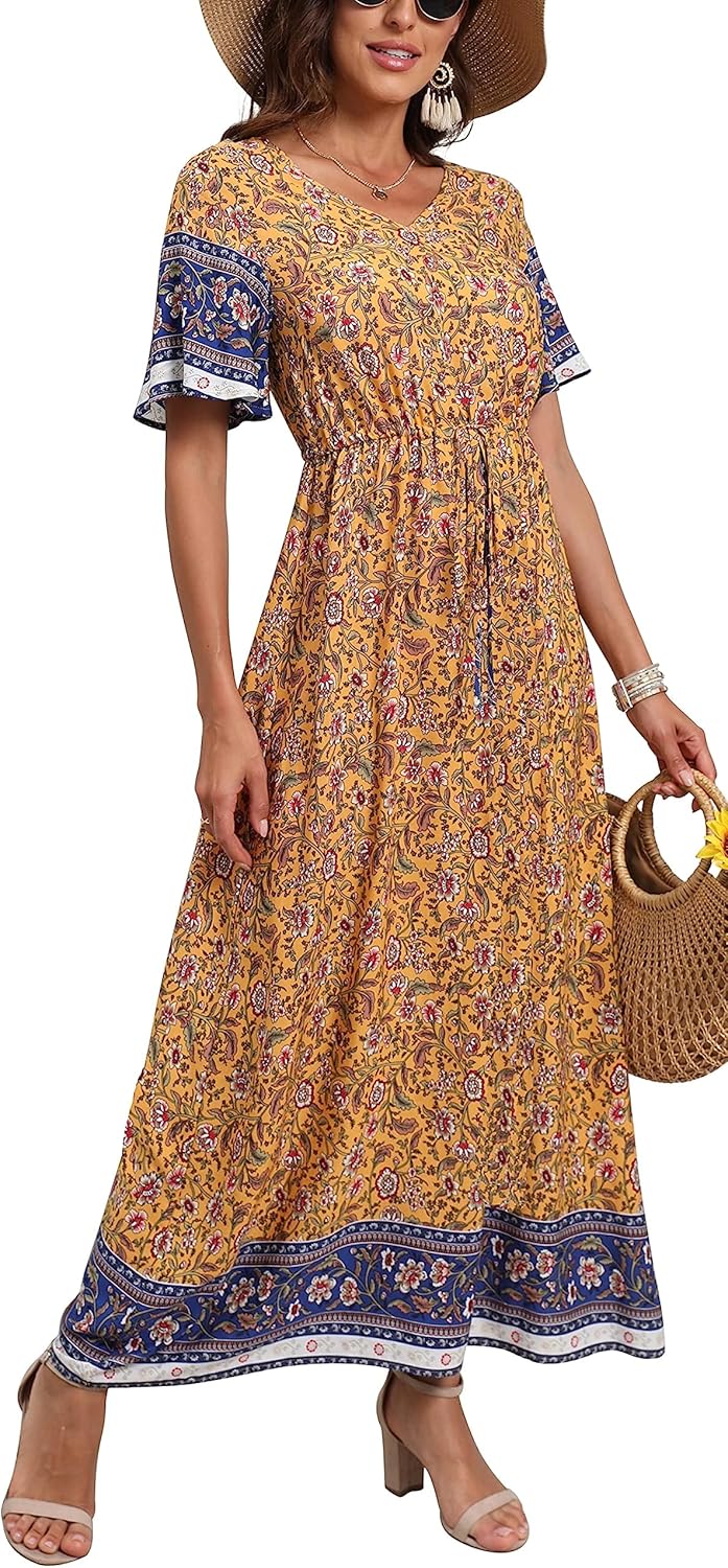 Womens Summer Maxi Boho Beach Dress Floral Print Dress V Neck Short Sleeve Drawstring High Waist Flowy Long Midi Dresses Britstyle Boutique
