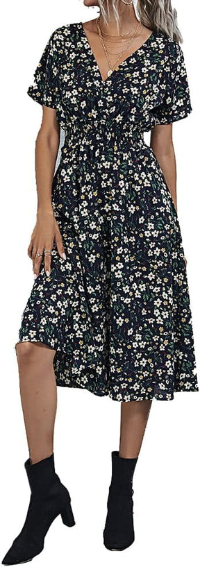 Women's V Wrap Dress Short Sleeve V Neck Wrap Summer Dress Midi Casual Floral Sundress A Line Dress Beach Dress for Women Girls Britstyle Boutique