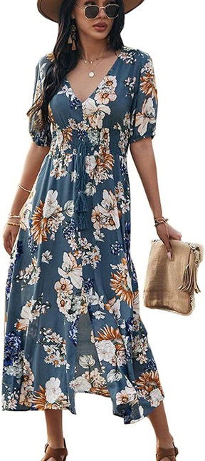 Women's Summer Short Sleeve V-Neck Floral Casual Maxi Long Dress Beach Boho Style Britstyle Boutique