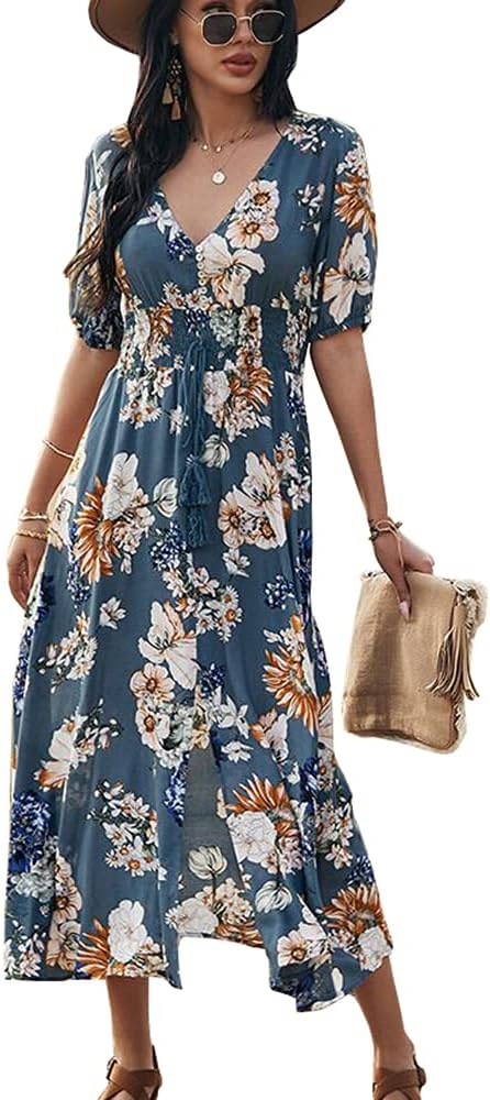 Women's Summer Short Sleeve V-Neck Floral Casual Maxi Long Dress Beach Boho Style Britstyle Boutique