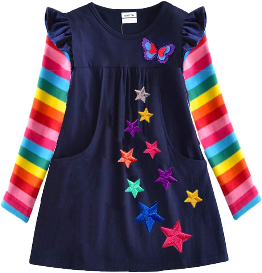 Girls Dress Rainbow Long Sleeve Embroidery Star Age 1-8 Years Britstyle Boutique