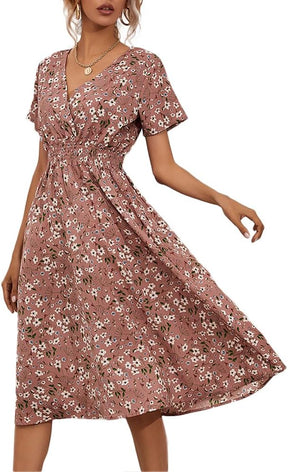 Women's V Wrap Dress Short Sleeve V Neck Wrap Summer Dress Midi Casual Floral Sundress A Line Dress Beach Dress for Women Girls Britstyle Boutique