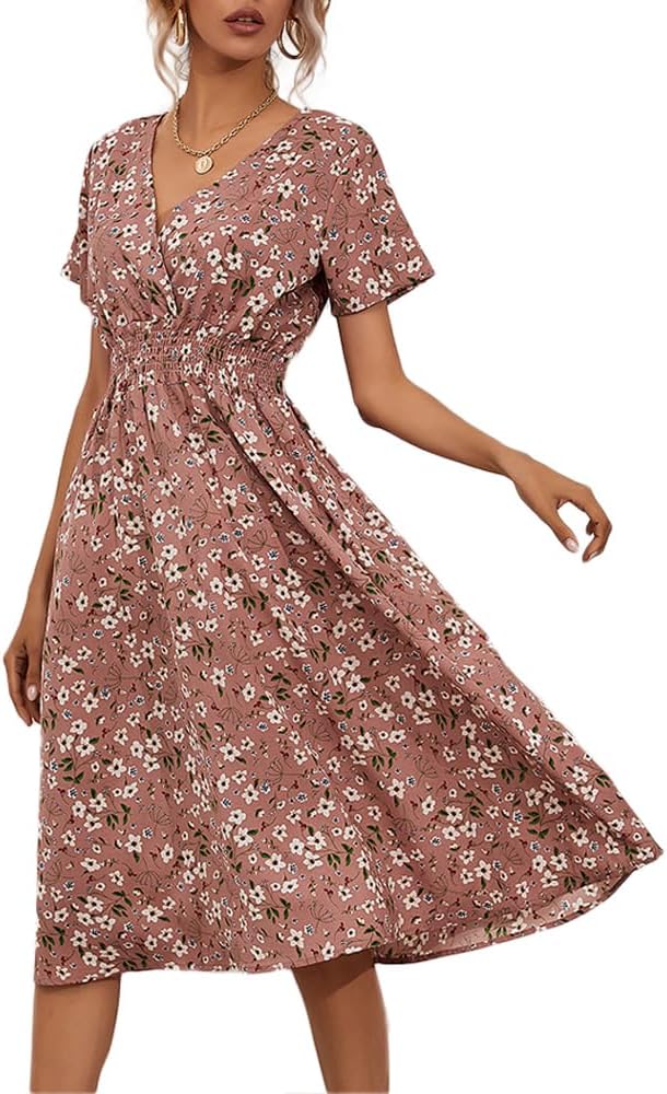 Women's V Wrap Dress Short Sleeve V Neck Wrap Summer Dress Midi Casual Floral Sundress A Line Dress Beach Dress for Women Girls Britstyle Boutique