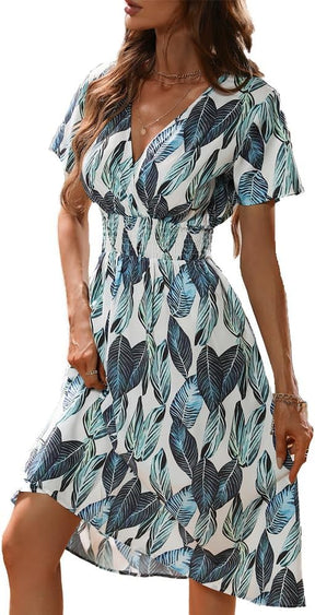 Women's V Wrap Dress Short Sleeve V Neck Wrap Summer Dress Midi Casual Floral Sundress A Line Dress Beach Dress for Women Girls Britstyle Boutique