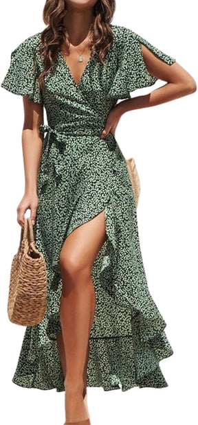 CUPSHE Women Summer Wrap Maxi Dress Casual Split Flared Sleeve V-Neck Ditsy Dress Tie Waist Ruffle Beach Dress Britstyle Boutique