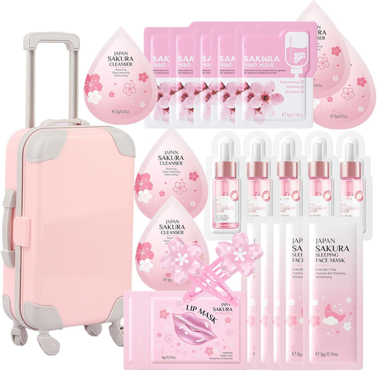 Skin Care Set For Teenagers Girls with Cute Mini Luggage,Sakura Skin Care Sets & Kits,Pamper Sets For Girls Gifts,Skincare Set,Serum,Cleanser,Sleep,Mud Mask,Lip Mask,Hair Pins (One Size, Sakura) Britstyle Boutique