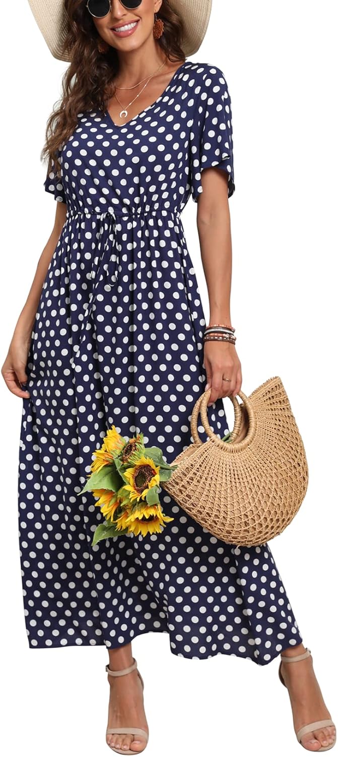 Womens Summer Maxi Boho Beach Dress Floral Print Dress V Neck Short Sleeve Drawstring High Waist Flowy Long Midi Dresses Britstyle Boutique