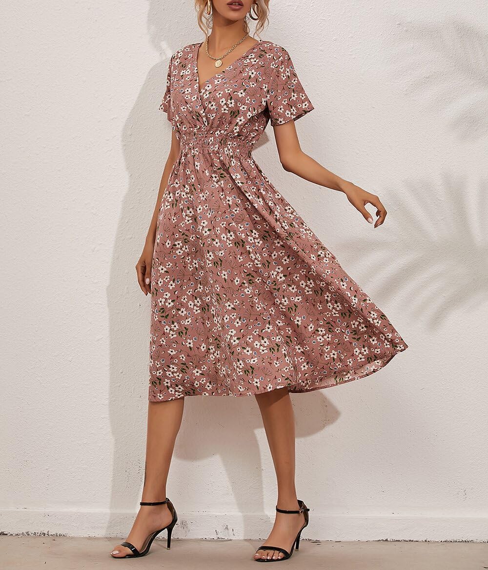 Women's V Wrap Dress Short Sleeve V Neck Wrap Summer Dress Midi Casual Floral Sundress A Line Dress Beach Dress for Women Girls Britstyle Boutique