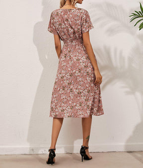 Women's V Wrap Dress Short Sleeve V Neck Wrap Summer Dress Midi Casual Floral Sundress A Line Dress Beach Dress for Women Girls Britstyle Boutique