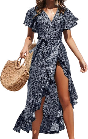 CUPSHE Women Summer Wrap Maxi Dress Casual Split Flared Sleeve V-Neck Ditsy Dress Tie Waist Ruffle Beach Dress Britstyle Boutique