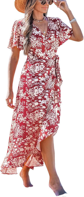 CUPSHE Women Summer Wrap Maxi Dress Casual Split Flared Sleeve V-Neck Ditsy Dress Tie Waist Ruffle Beach Dress Britstyle Boutique