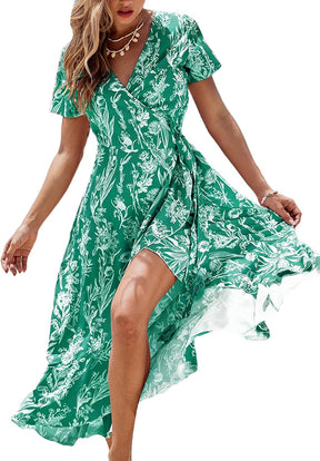 CUPSHE Women Summer Wrap Maxi Dress Casual Split Flared Sleeve V-Neck Ditsy Dress Tie Waist Ruffle Beach Dress Britstyle Boutique