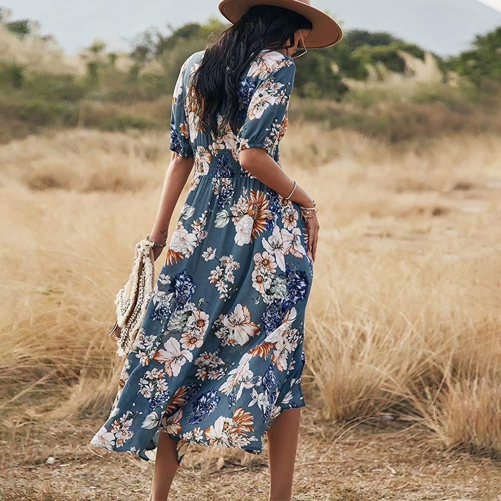 Women's Summer Short Sleeve V-Neck Floral Casual Maxi Long Dress Beach Boho Style Britstyle Boutique