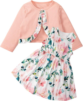 Baby Girls Dress and Cardigan Sets Toddler Girl Floral Print Sleeveless Dress and Long Sleeve Coat 2Pcs Outfits Britstyle Boutique