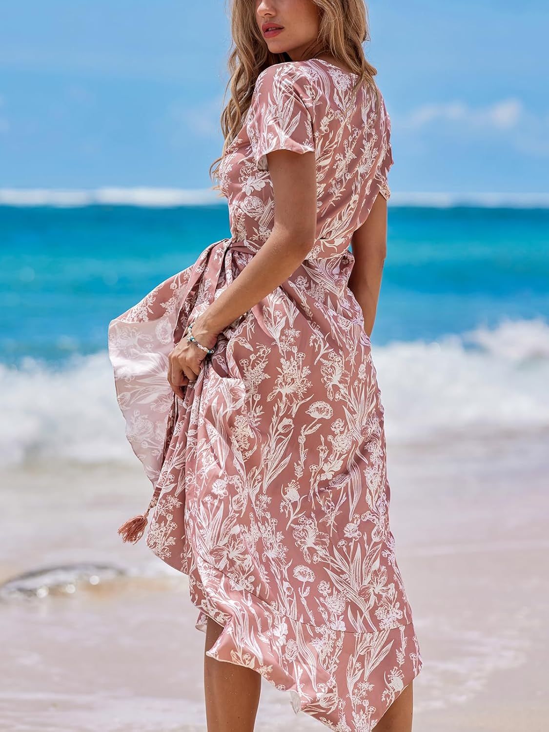 CUPSHE Women Summer Wrap Maxi Dress Casual Split Flared Sleeve V-Neck Ditsy Dress Tie Waist Ruffle Beach Dress Britstyle Boutique